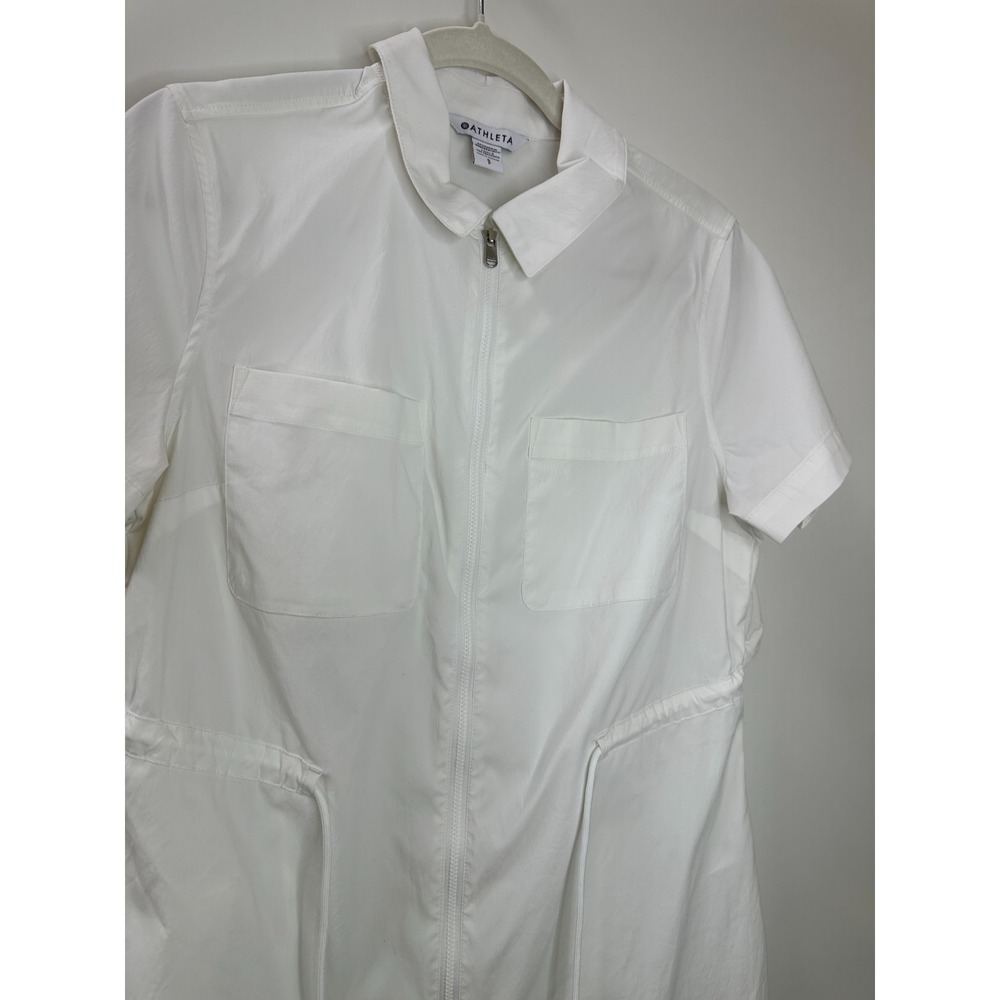 Athleta Advantage Cinch Top White Short Sleeve Full Zip Utility Shirt Small EUC - Picture 4 of 12